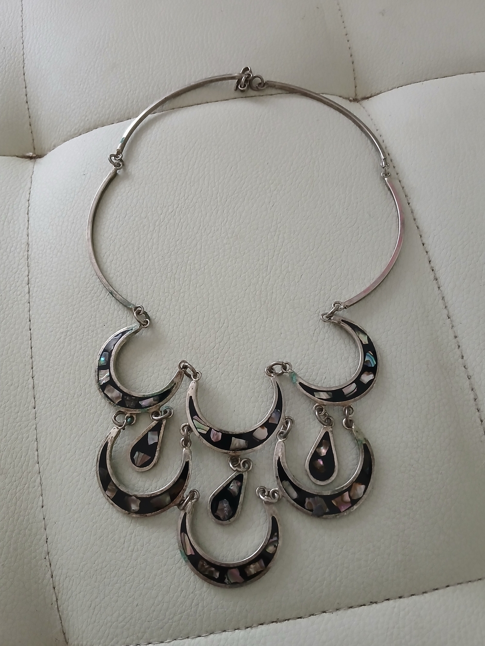 Silver-Tone Crescent Statement Necklace with Black and Abalone Accents. Vintage